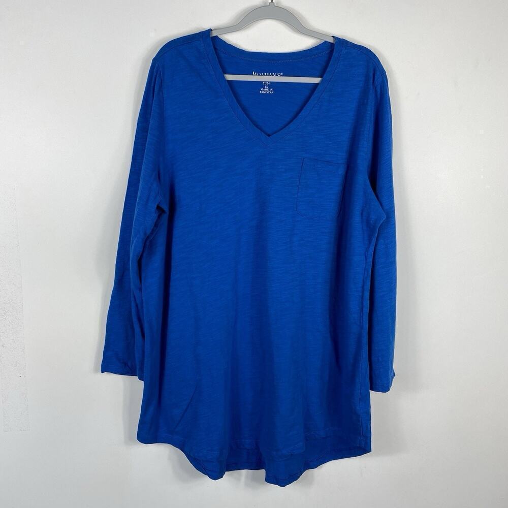 Roaman's Plus Size 22 24 Slub V-Neck Roll Tab Sleeve Top Blue 100% Cotton